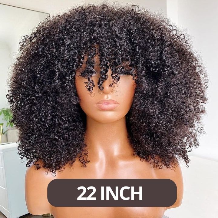 Glueless Full Afro Kinky Curly Wig Double Drawn 4B 3C Human Hair Wigs With Bangs Wear & Go Install