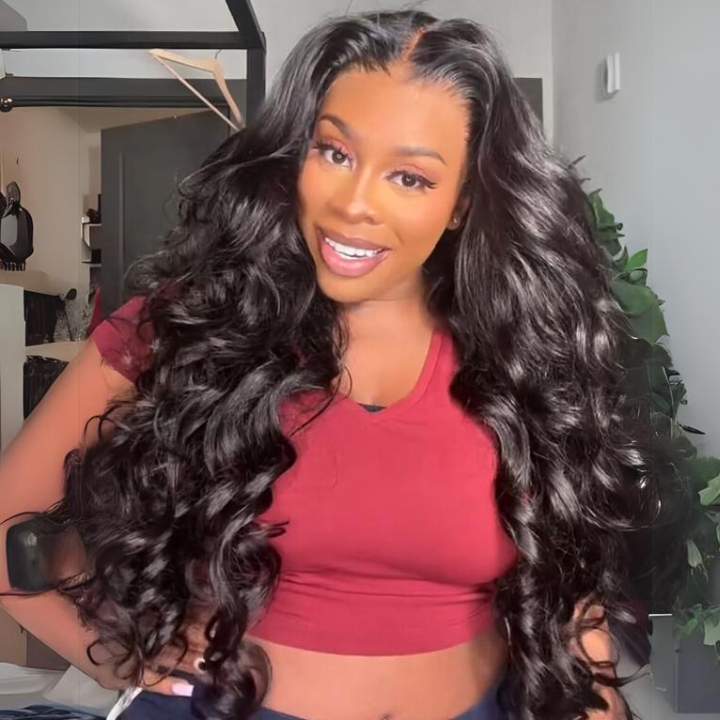 Glueless Loose Wave Lace Front Wigs with Curtain Bangs Clear Transparent HD Lace Nature Wave Wig For Women No Code Needed -Amanda Hair