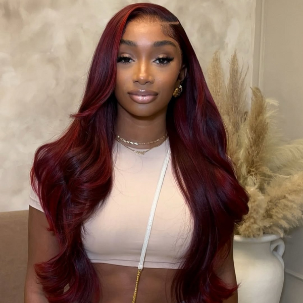 Buy 1 Get 1 Free Dark 99J Burgundy Red Colored Body Wave Pre Plucked Glueless HD Lace Frontal Wig