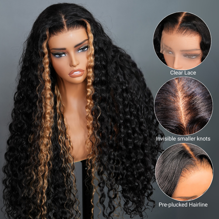 Glueless  Blonde Highlights on Luxurious Lace Frontal Deep Curly Wave Wig - Clear Transparent Lace Front/Closure Wig Same Price as Tiktok Flash Sale - Amanda Hair
