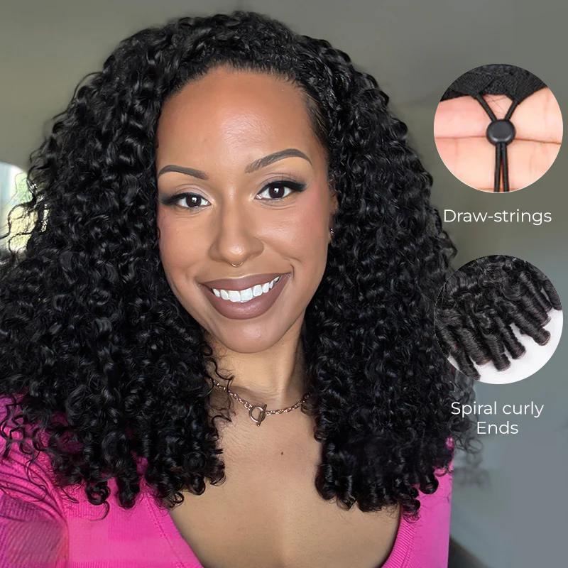 3 In 1 Half Wig Burmese Curly Spiral Curls End Glueless Flexible Fit Drawstring Put On And Go Flash Sale - Amanda Hair