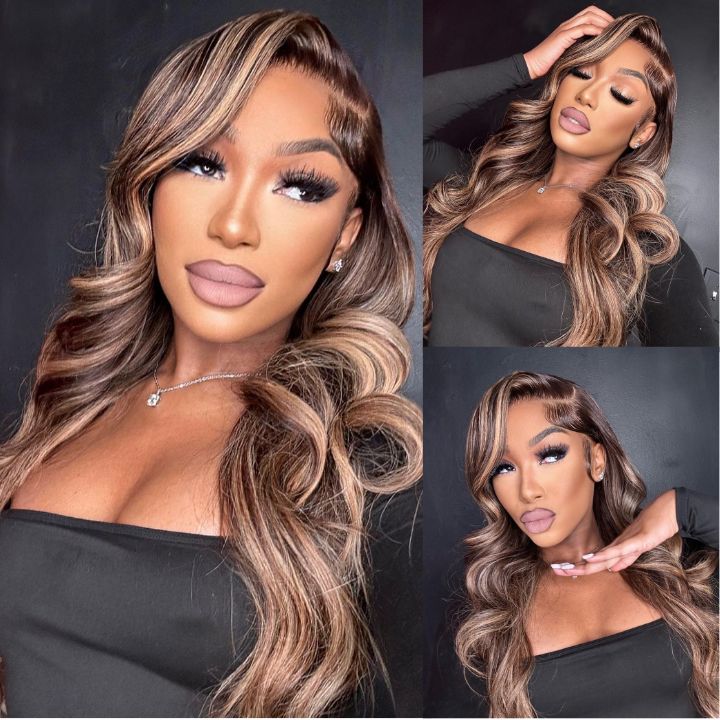 Highlight 4/27 Ombre Color Guleless Body Wave  ]Remy Human Hair  Frontal Wigs - Amanda Hair