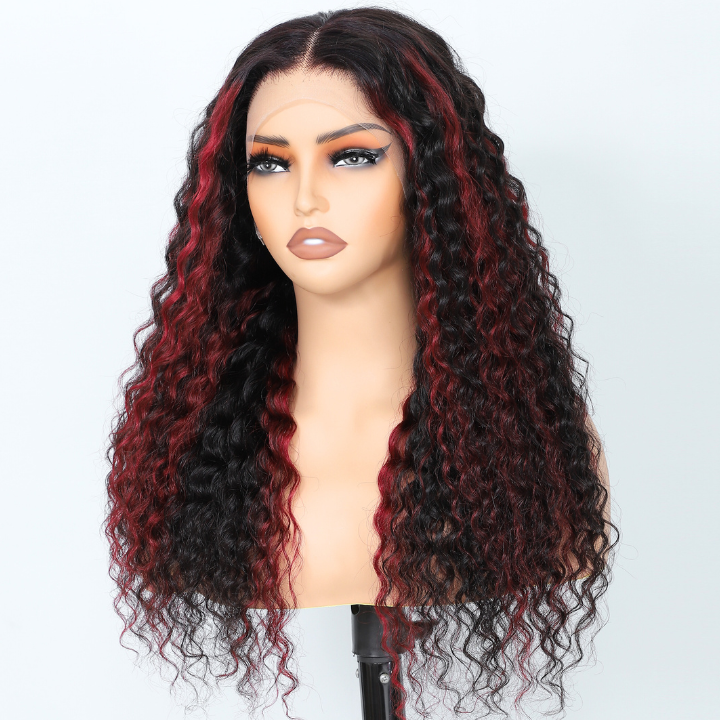Highlight Burgundy Human Hair Water Wave 13x4/7x5 HD Lace Front Wig-Amanda Hair
