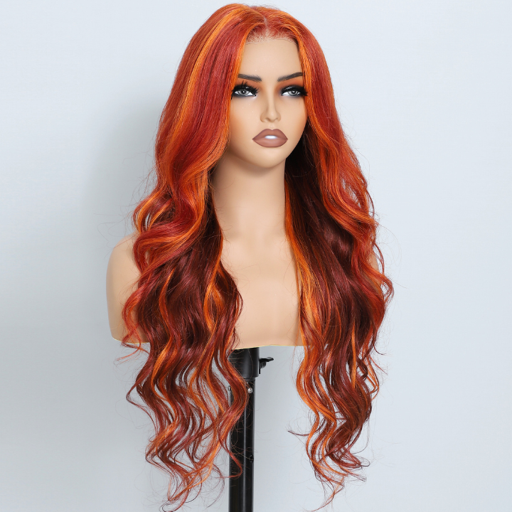 Highlight Ginger Loose Wave 13x4/7x5 HD Lace Front Wig Highlights Orange Color Human Hair Wigs-Amanda Hair