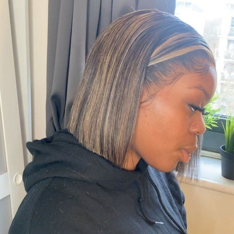 Highlight Golden Mix Brown Stacked Shapes Brazilian Short Bob Straight Glueless Lace Wigs Transparent Lace Frontal Wig Glueless Lace Wigs No Code Needed -Amanda Hair Clearance Flash Sale