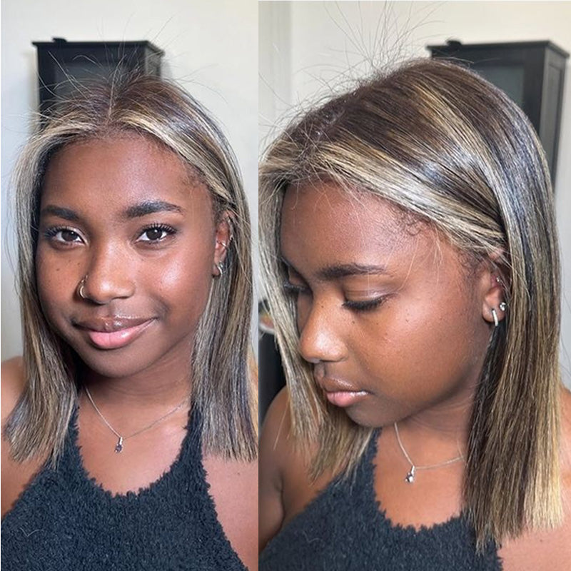 Highlight Golden Mix Brown Stacked Shapes Brazilian Short Bob Straight Glueless Lace Wigs Transparent Lace Frontal Wig Glueless Lace Wigs No Code Needed -Amanda Hair Clearance Flash Sale