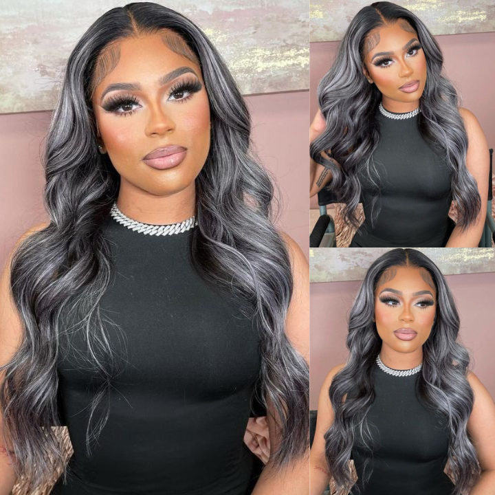 Highlights  Golden Grey Mix Transparent Lace Front Wigs Body Wave Ombre Human Hair Color 13x4 Lace Frontal Wig-Amanda Hair
