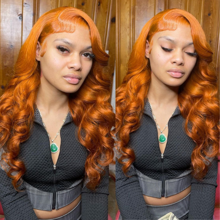 Pelucas frontales de encaje 13x4 con ondas corporales de color naranja jengibre, pelucas con cierre de encaje 4*4 con pelo de bebé, densidad del 150%, pelo de Amanda