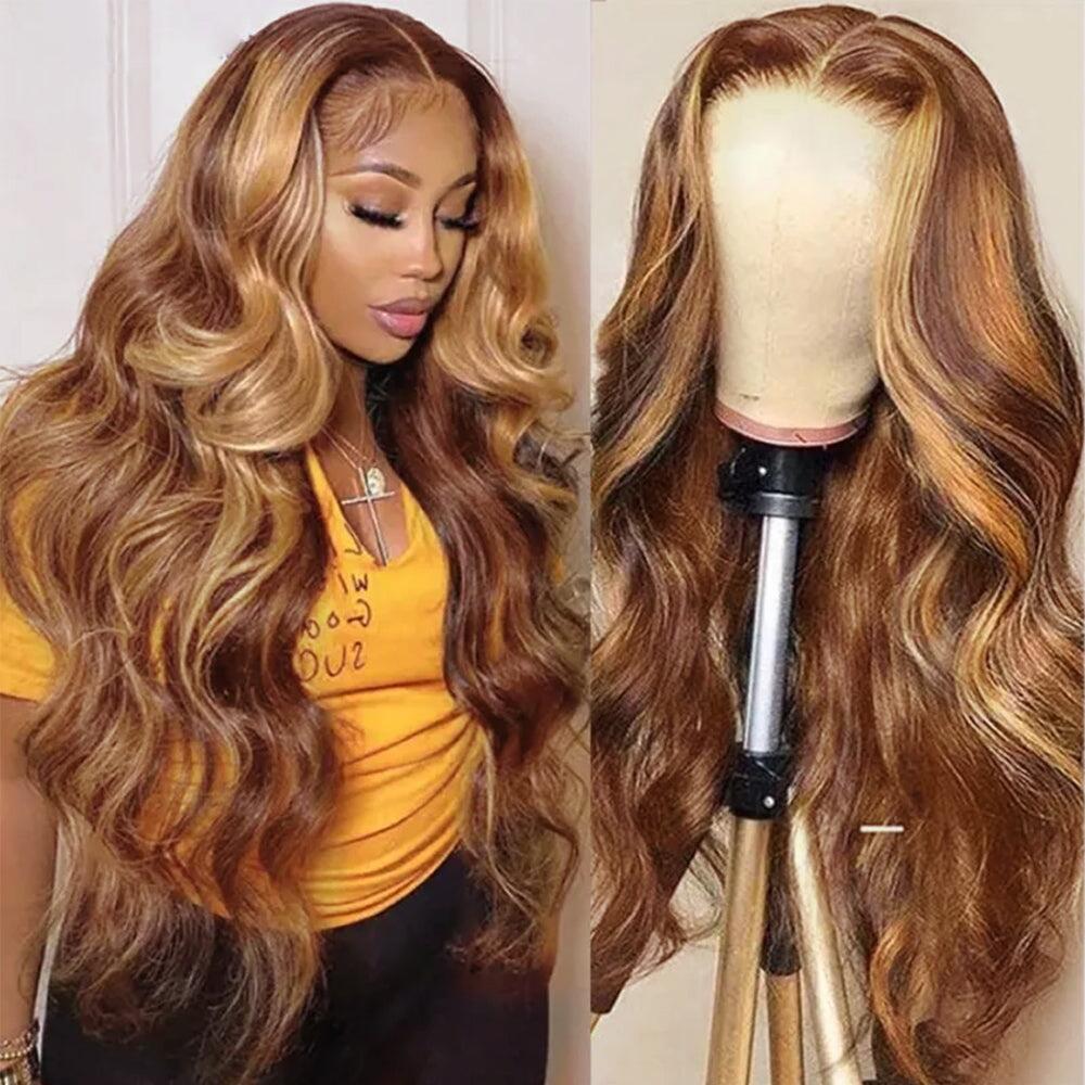 Highlihgt Honey Brown Glueless Body Wave Human Hair Clear Transparent Lace Front Colored Wigs For Women-Amanda Hair