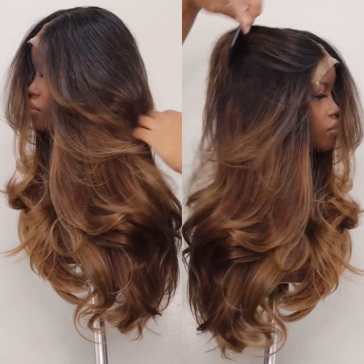 Side view of layered body wave wig in honey blonde ombre with dark roots - Amanda Hair