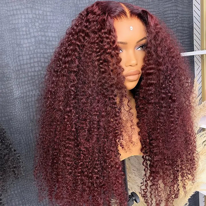 99J  Wine Red Spanish Curly Clear Transparent Lace Front Wigs Deep Hairline 100% Human Hair -Amanda Hair