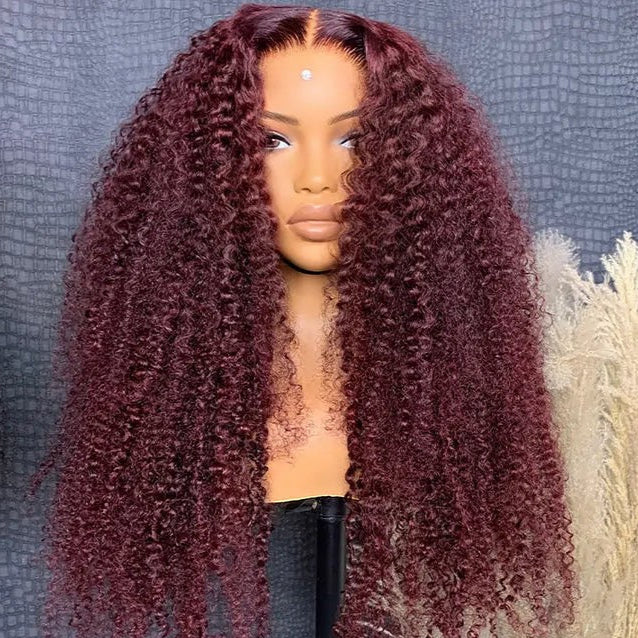 99J  Wine Red Spanish Curly Clear Transparent Lace Front Wigs Deep Hairline 100% Human Hair -Amanda Hair