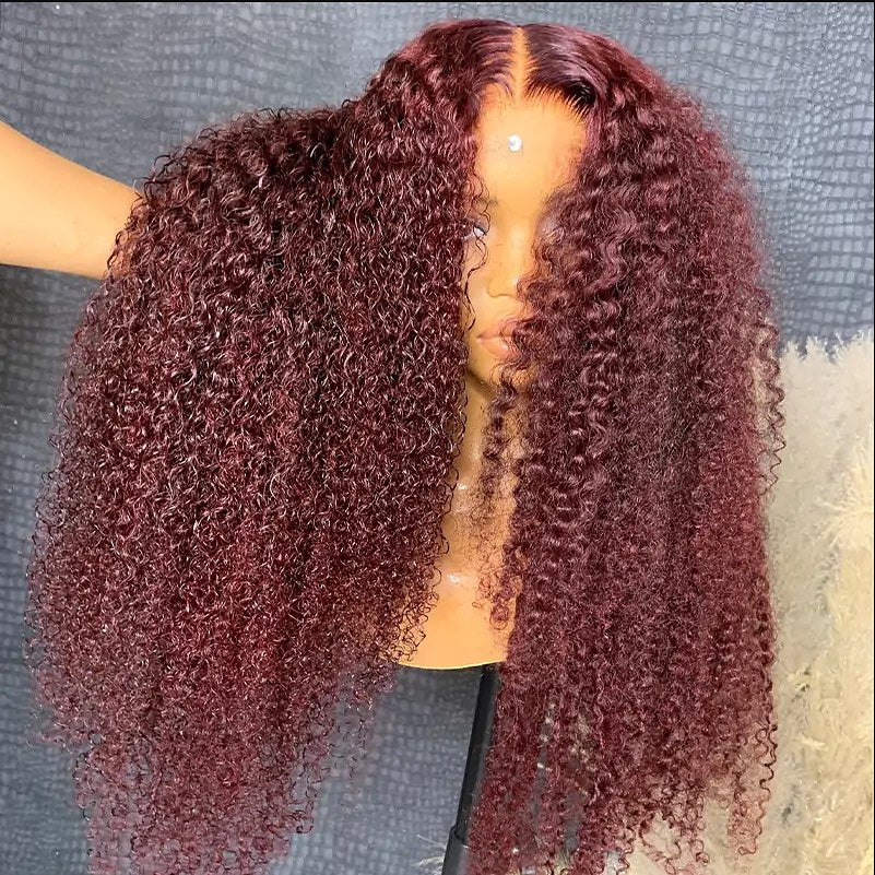 99J  Wine Red Spanish Curly Clear Transparent Lace Front Wigs Deep Hairline 100% Human Hair -Amanda Hair