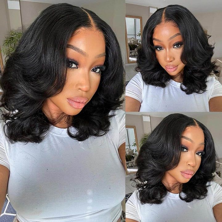 Court Body Wave Bob Perruques 13 * 4 Lace Front Wavy Bob Perruque Naturel Noir Couleur-Amanda Cheveux