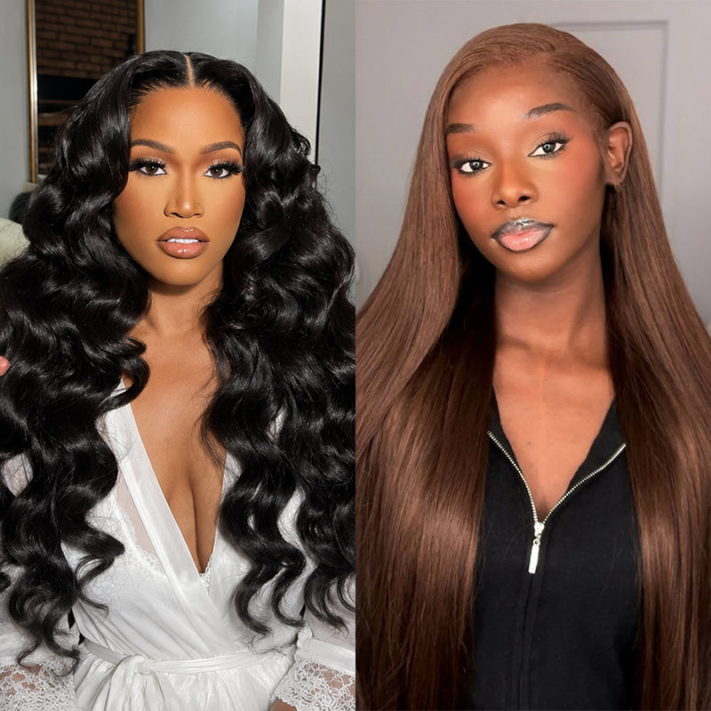 2 Wigs Set  | 13×6 Glueless Lace Front Wig  Loose Wave Wig & Straight Brown Wig