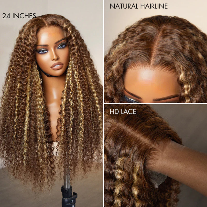 Glueless Honey Blonde Water Wave 13x4 Lace Front Highlighted Color Burmese Curly Put On And Go Human Hair Wig