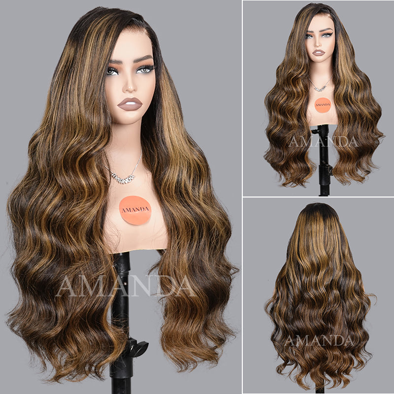 Pelucas de cabello humano con ondas corporales, sin pegamento, con encaje frontal transparente y resaltado rubio mezclado marrón para mujeres - Amanda Hair 