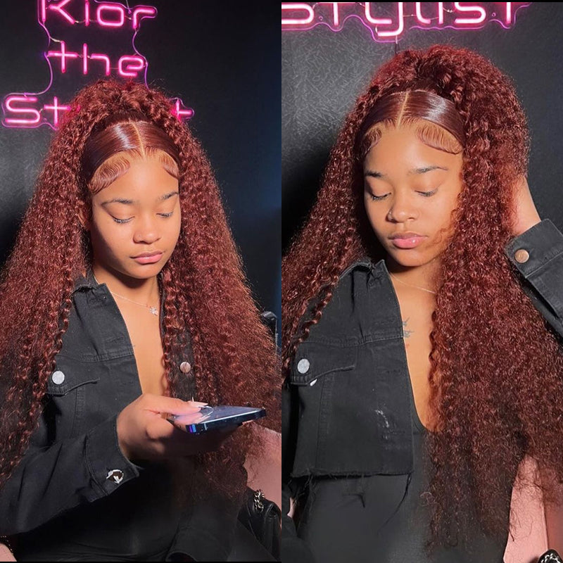 Amanda 13x6 Full Lace Front 300% Density Ombre Reddish Brown Deep Curly Glueless Human Hair Wig