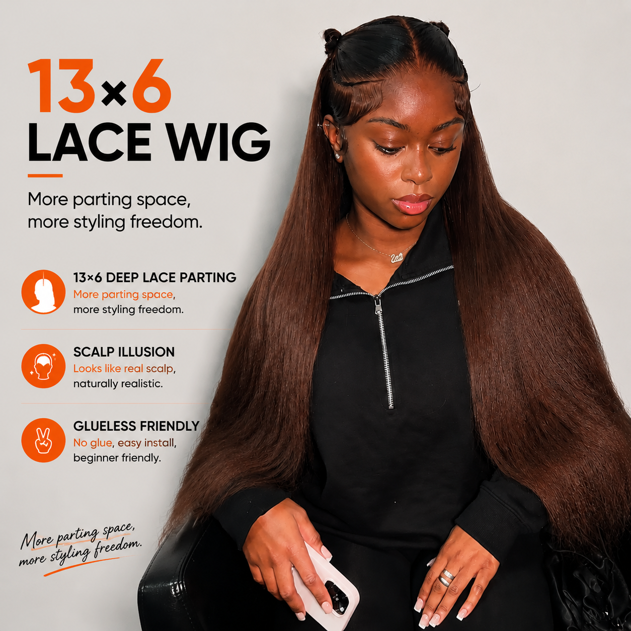 Amanda 7x5/13×6 HD Glueless Lace250% Density Kinky Straight Wig | Ombre Brown & Chocolate Brown