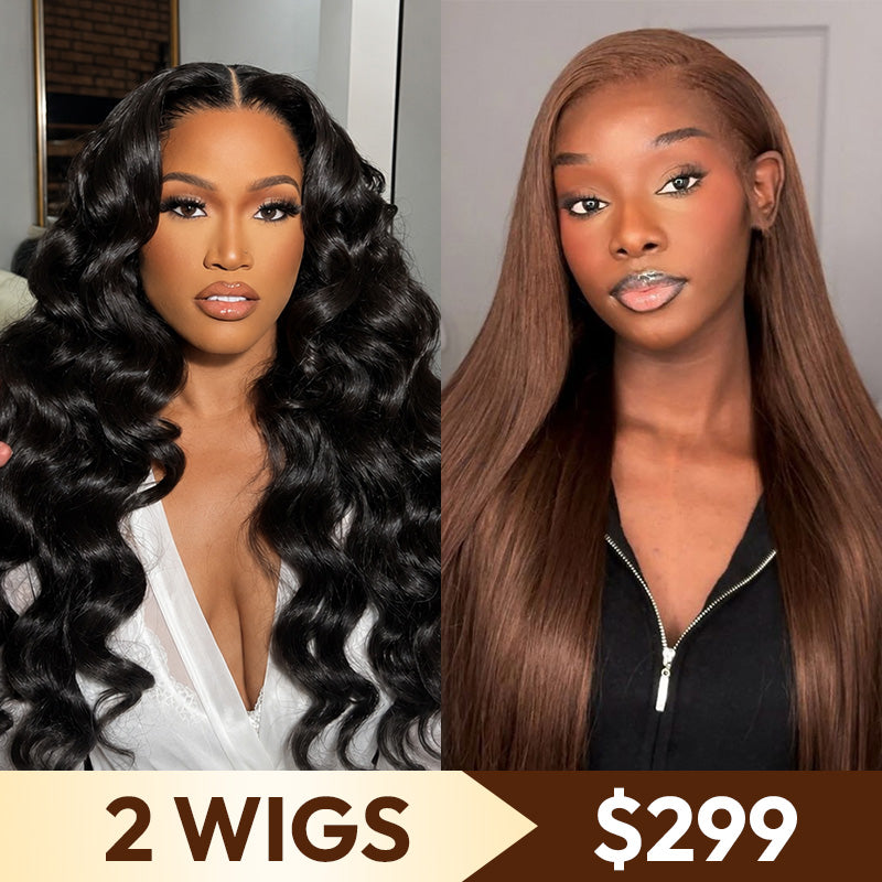2 Wigs Set  | 13×6 Glueless Lace Front Wig  Loose Wave Wig & Straight Brown Wig