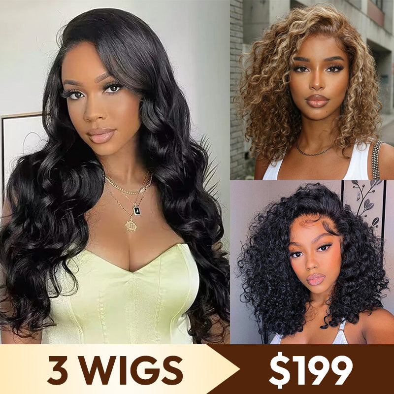 3 Wigs=$199 | 20''Body Wave Wig+14" Curly Bob Wig+10" Honey Blonde  Bob Wig Flash Sale