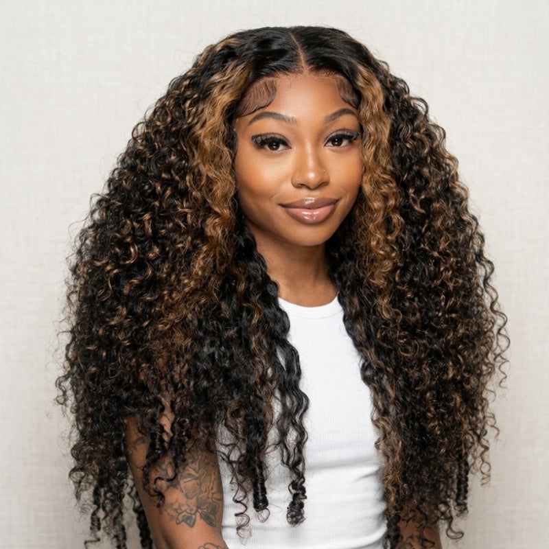 300% Density Brown Highlight Burmese Curly 13x6 Lace Front HD Transparent Lace Glueless Human Hair Wig