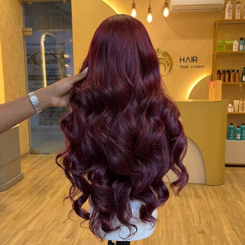 Glueless Dark Purple 13x4 Lace Front 200% Density Double Drawn Cherry Burgundy Invisi Drawstring Human Hair Wigs