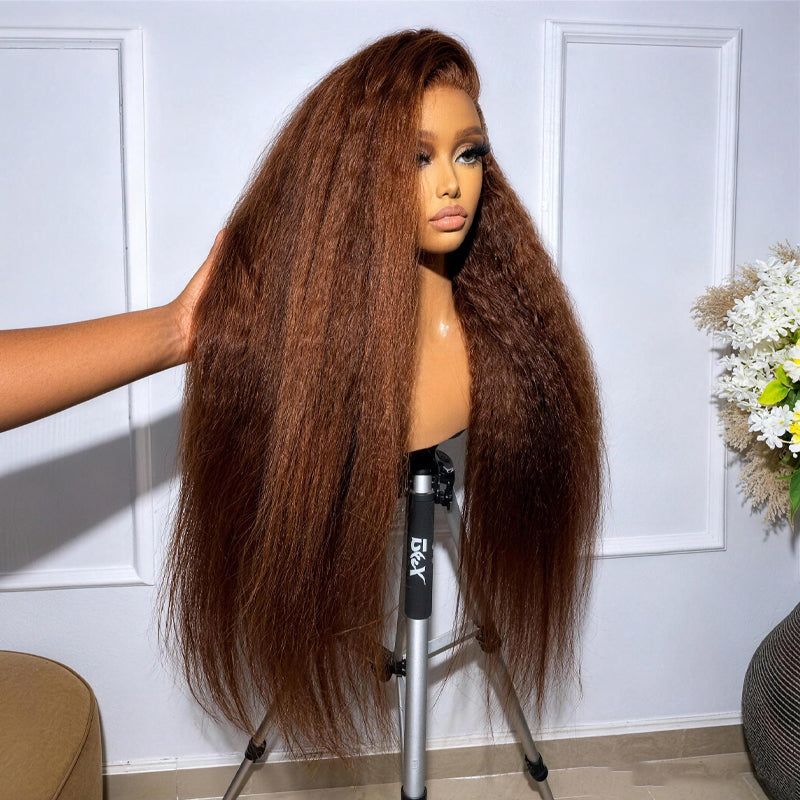 Kinky Straight Reddish Brown / Copper Brown / Natural Color 13x4 Transparent Lace Front Wigs 100% Human Hair Wigs