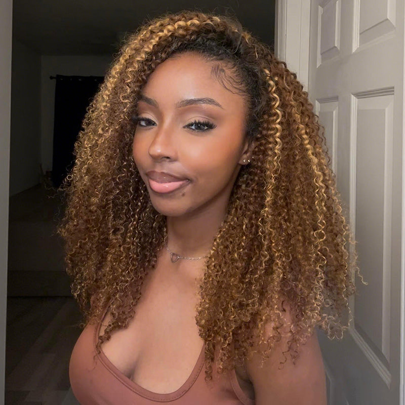 3 In 1 Half Wig | Honey Blonde Highlight Kinky Curly Put On & Go Invisible Drawstring Glueless Flip Over Half Wig
