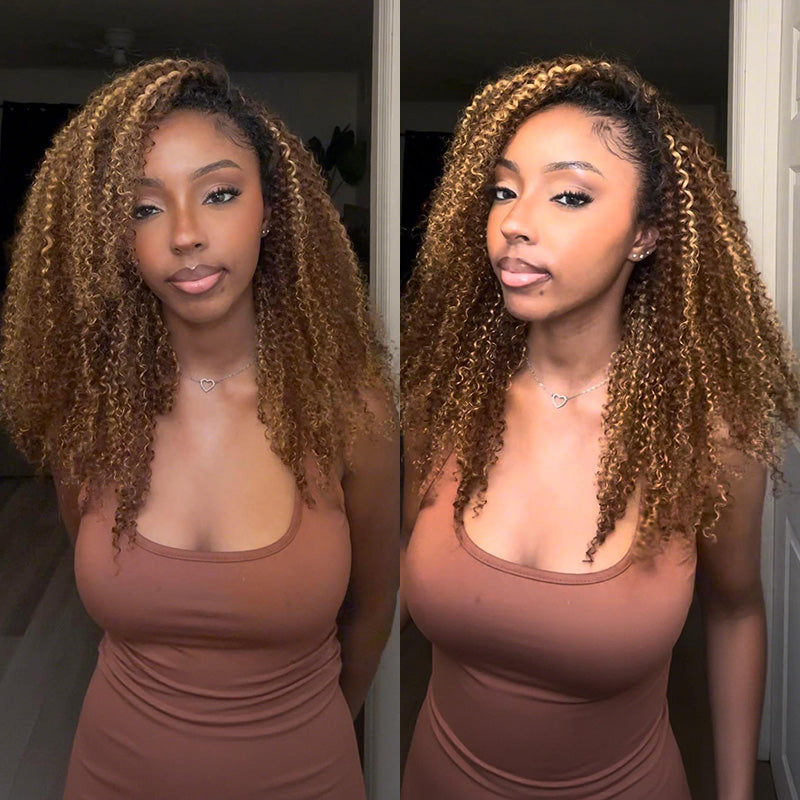 3 In 1 Half Wig | Honey Blonde Highlight Kinky Curly Put On & Go Invisible Drawstring Glueless Flip Over Half Wig