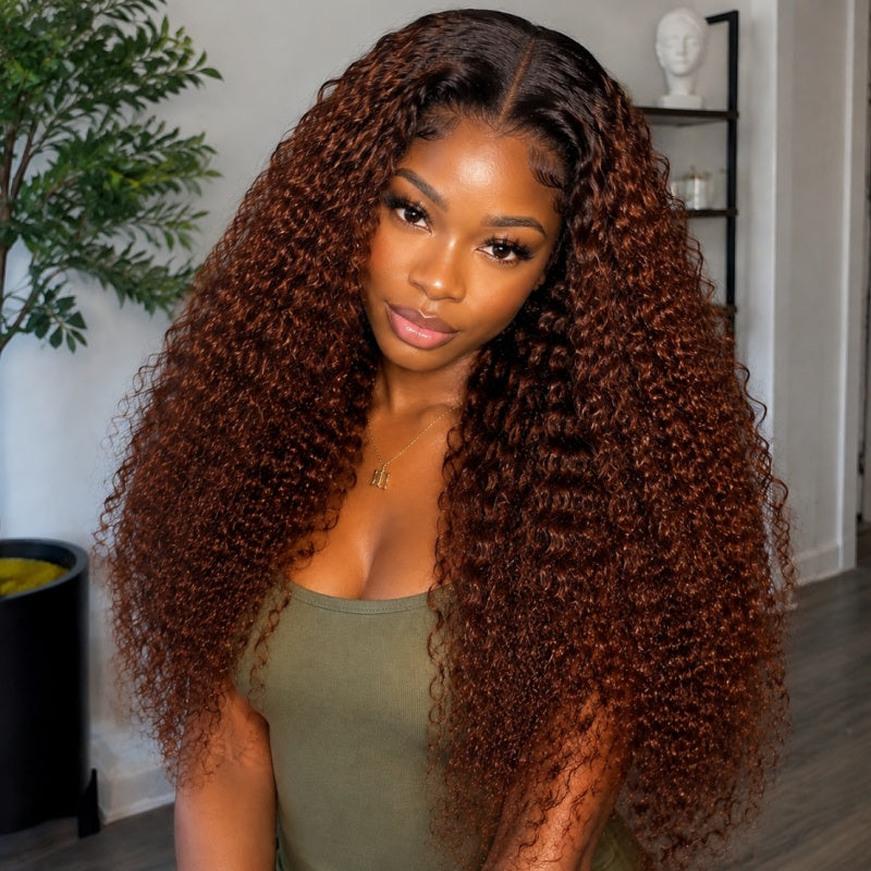 Amanda 13x6 Full Lace Front 300% Density Ombre Reddish Brown Deep Curly Glueless Human Hair Wig