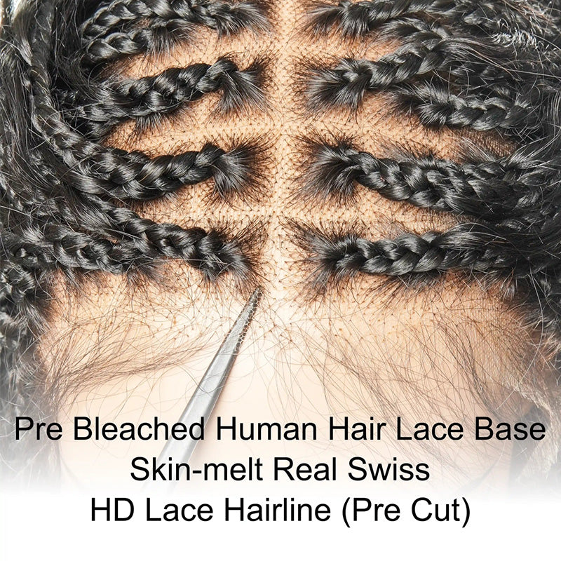 Peluca de cabello humano con rizos sueltos y exquisitos sin pegamento con raya trenzada, cabello humano 100 % negro natural, peluca con frente de encaje transparente y cierre - Amanda Hair