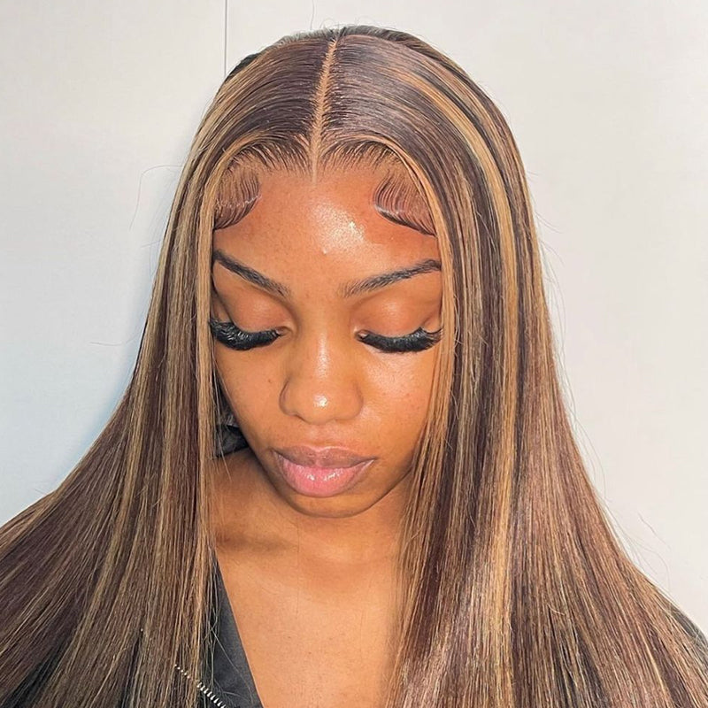 24H Fast Shipping 13×6 Glueless Lace Front Wig Straight Brown Highlight Wig