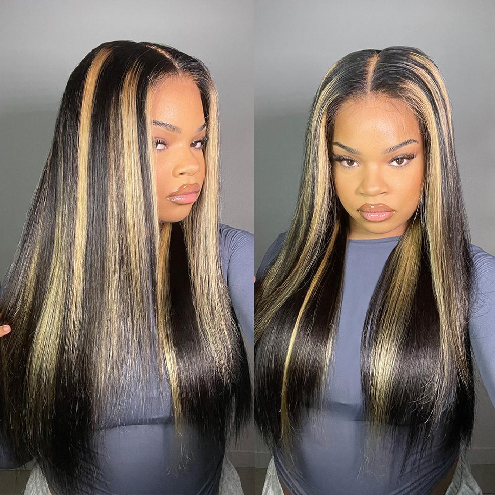 24H Fast Shipping 13×6 Glueless Lace Front Wig Straight Brown Highlight Wig
