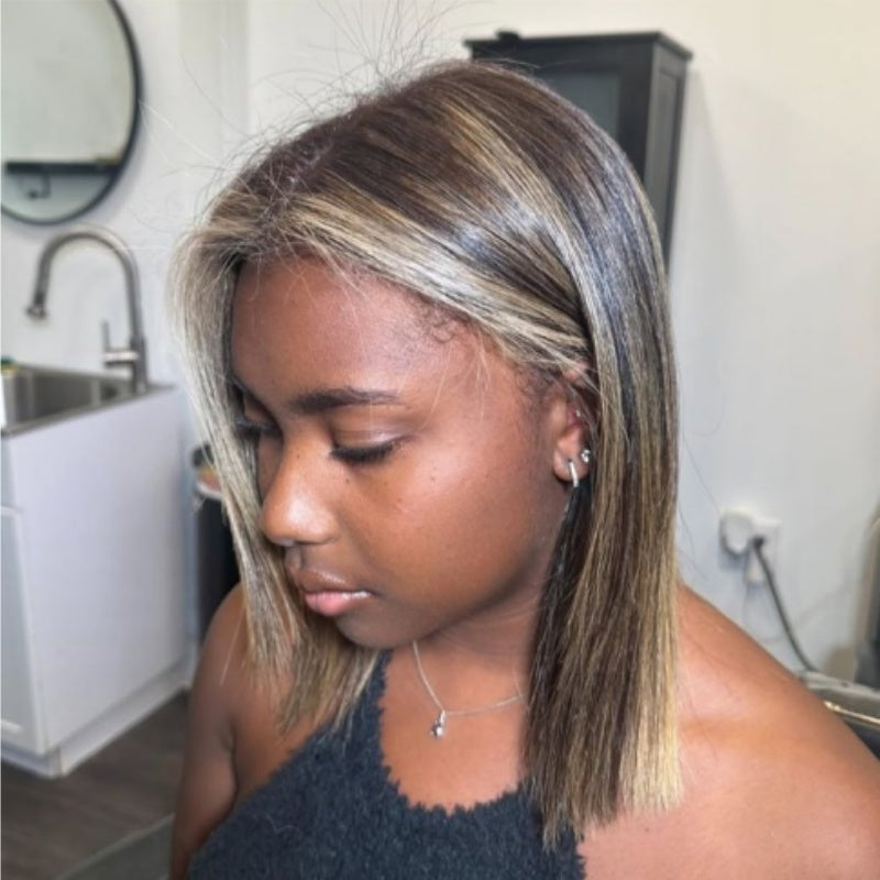 Highlight Golden Mix Brown Stacked Shapes Brazilian Short Bob Straight Glueless Lace Wigs Transparent Lace Frontal Wig Glueless Lace Wigs No Code Needed -Amanda Hair Clearance Flash Sale