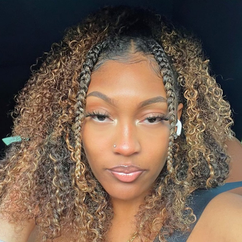 3 In 1 Half Wig | Honey Blonde Highlight Kinky Curly Put On & Go Invisible Drawstring Glueless Flip Over Half Wig