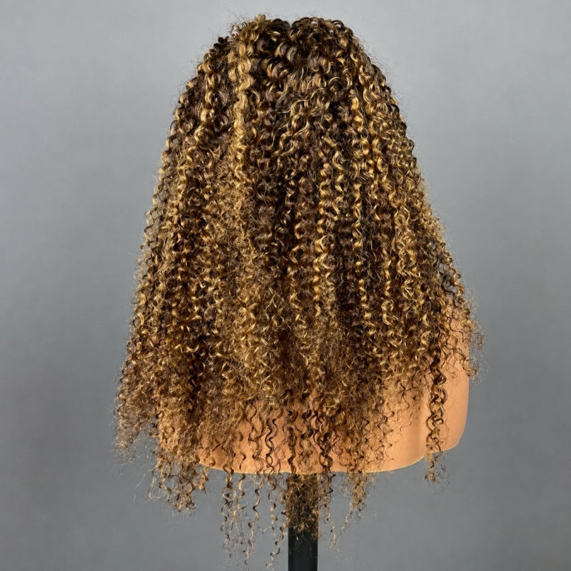 3 In 1 Half Wig | Honey Blonde Highlight Kinky Curly Put On & Go Invisible Drawstring Glueless Flip Over Half Wig