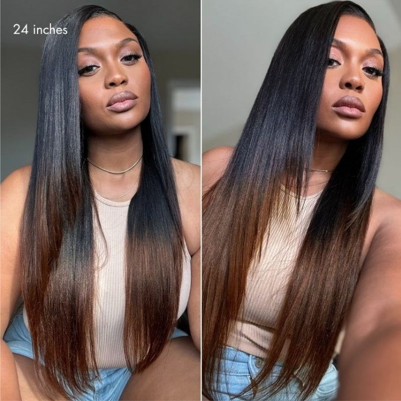 Amanda Hair Glueless Ombre Brown Yaki Straight Human Hair Bob Wig
