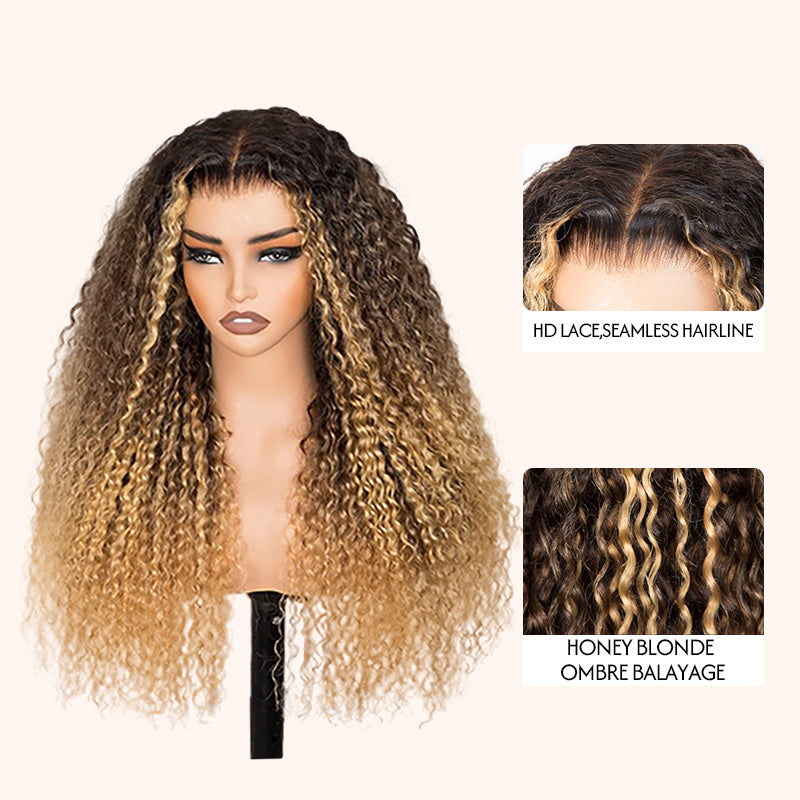 Amanda 13x6 Full Lace Front 300% Density Honey Blonde Ombre Balayage Deep Curly Glueless Human Hair Wig