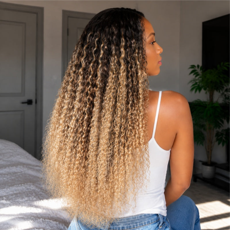 Amanda 13x6 Full Lace Front 300% Density Honey Blonde Ombre Balayage Deep Curly Glueless Human Hair Wig
