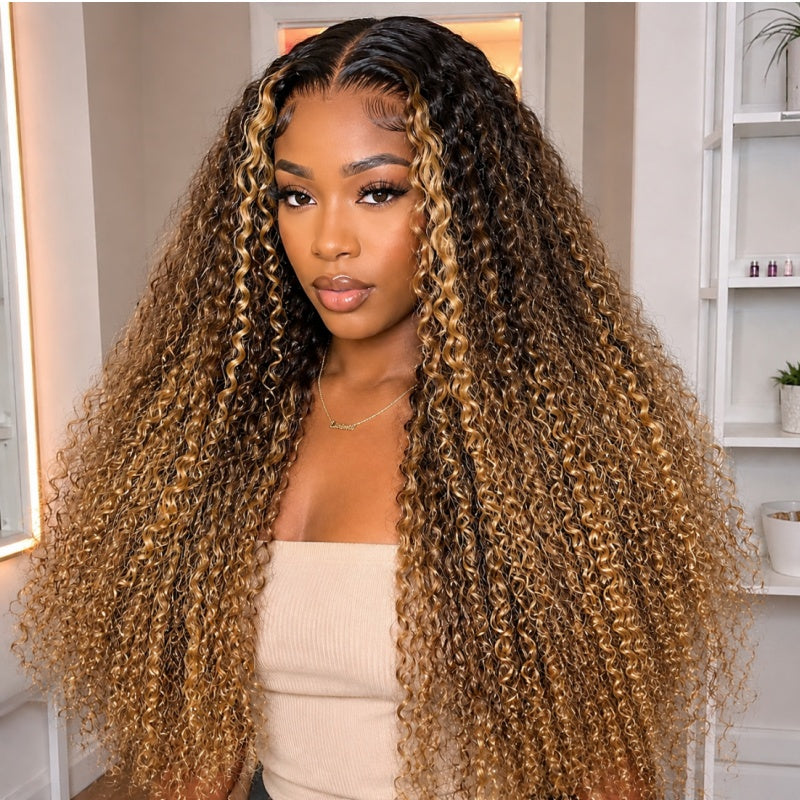 Amanda 300% Density Honey Blonde Highlights Simi Curly wig 13x6 Full Lace Frontal Glueless Human Hair Wig