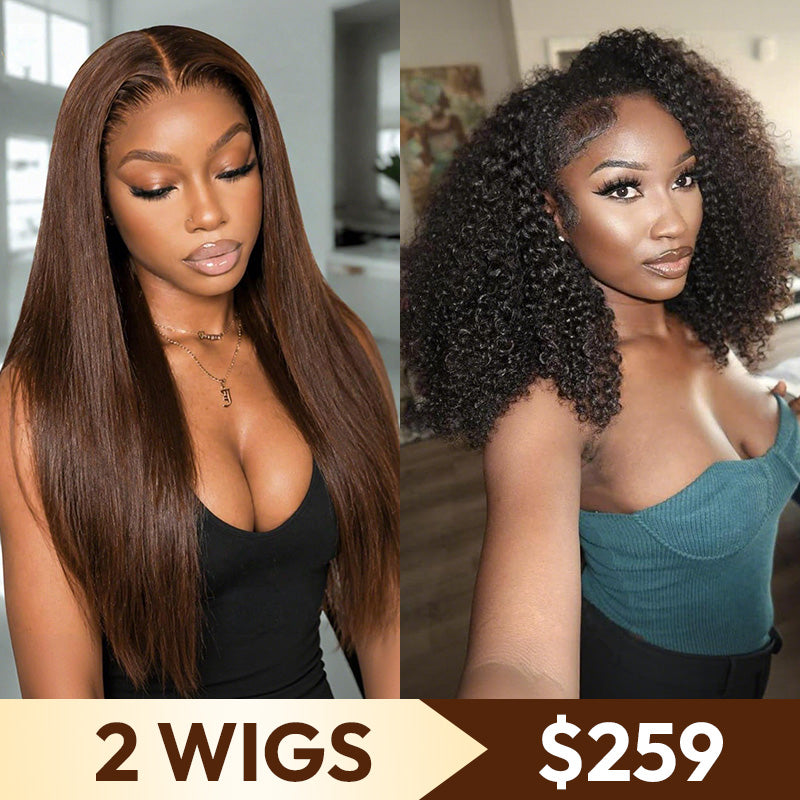 2 Wigs Set | Brown 13×6 Full Lace Glueless Straight Wig & Natural Color V part Curly Human Hair Wigs