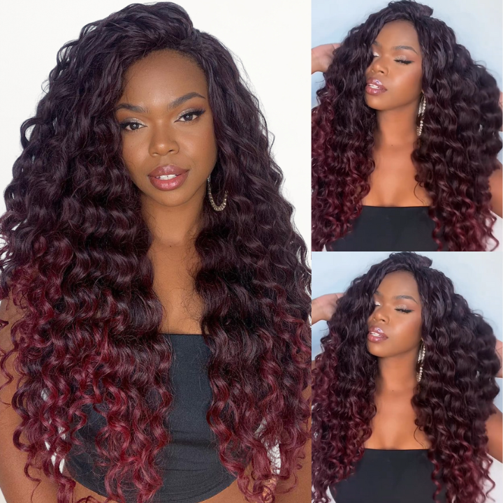 99J Red Ombre Burgundy Red 6*4/13*4 Lace Wigs  Bouncy Deep Wave Lace Front Wigs Human Hair Undetectable Clear Transparent