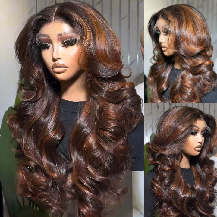 Highlight Brown 6*4/13*4 Lace Loose Wave Wigs with Curtain Bangs Human Hair Undetectable Clear Transparent Lace Wigs