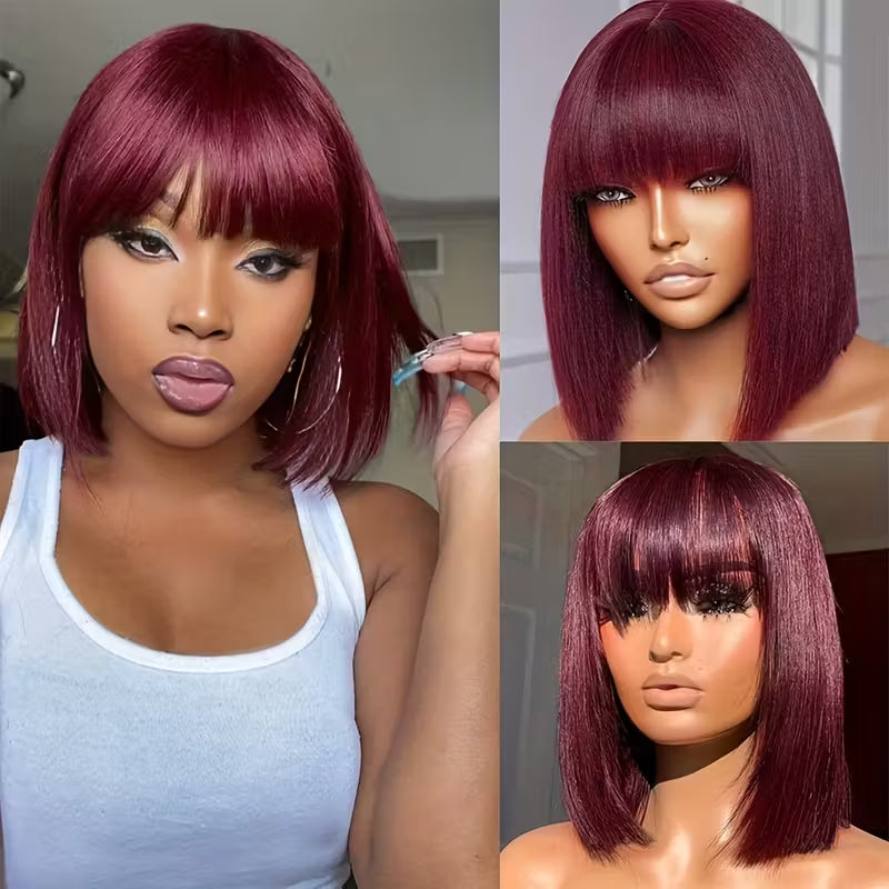 Straight Hair Red Bob Wigs Machine Made Burgundy Bob Wig Human Hair Glueless Short Bob Wigs-Amanda Hair