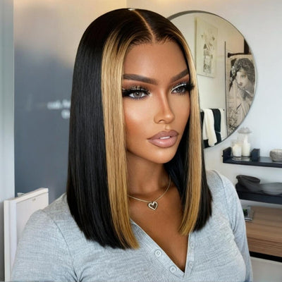 Highlight Light Brown Short Bob Straight Glueless 13x4 Full Lace Front Human Hair Wig - Amanda Hair