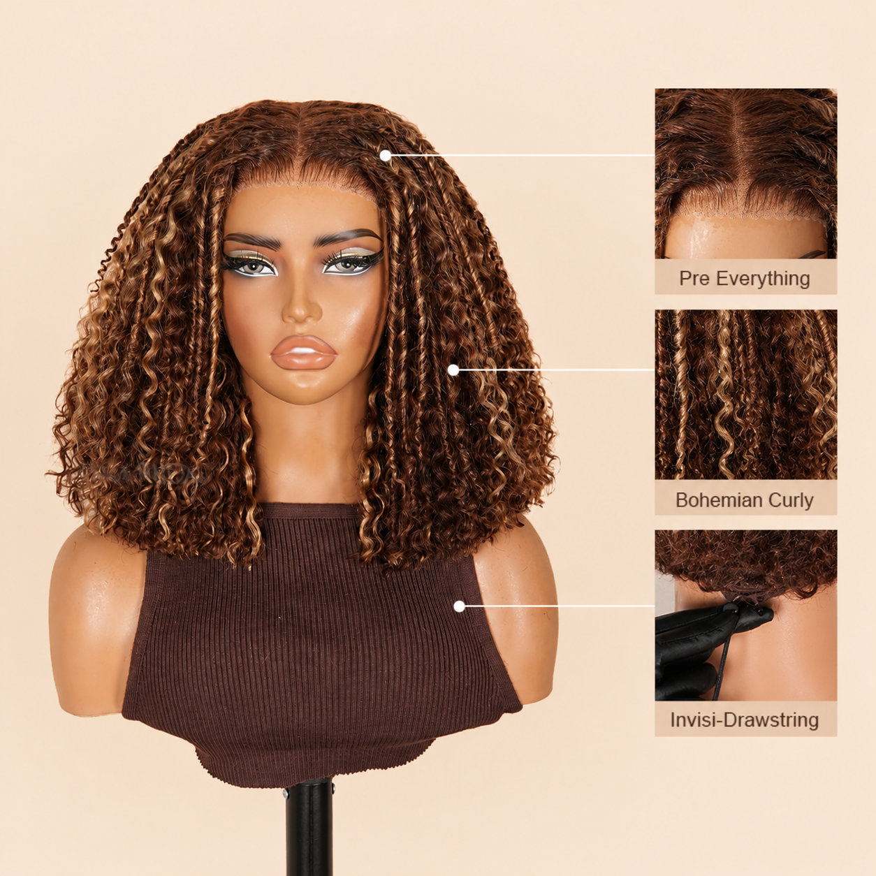 Pelucas de cabello humano con ondas corporales, sin pegamento, con encaje frontal transparente y resaltado rubio mezclado marrón para mujeres - Amanda Hair 