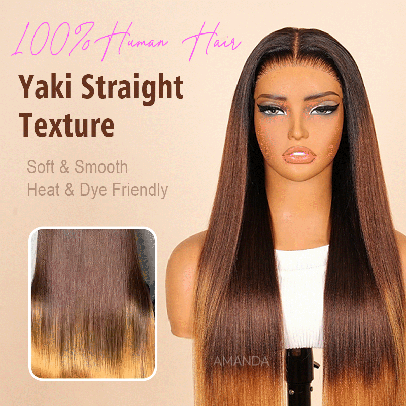 Luxury Yaki Straight 200% Density Dark Brown to Honey Blonde Ombre Color Glueless Human Hair Wig - Amanda Hair