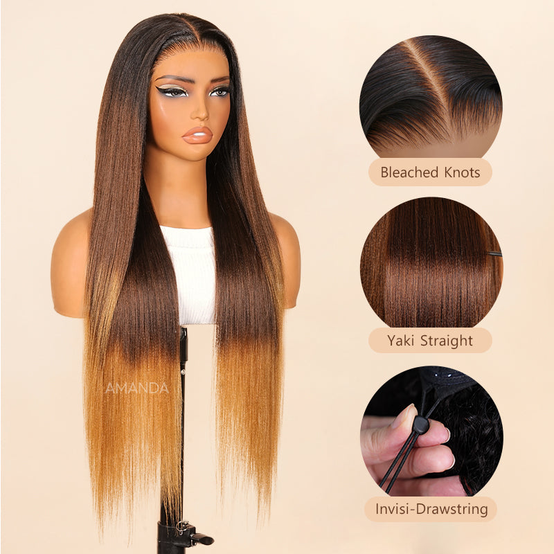 Luxury Yaki Straight 200% Density Dark Brown to Honey Blonde Ombre Color Glueless Human Hair Wig - Amanda Hair