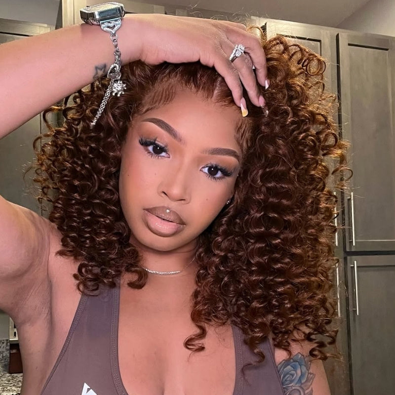 Glueless Lace Chocolate Reddish Brown Lace Front Deep Wave Wig 100% Human Hair Clear Transparent Lace Colored Wig- Amanda Hair